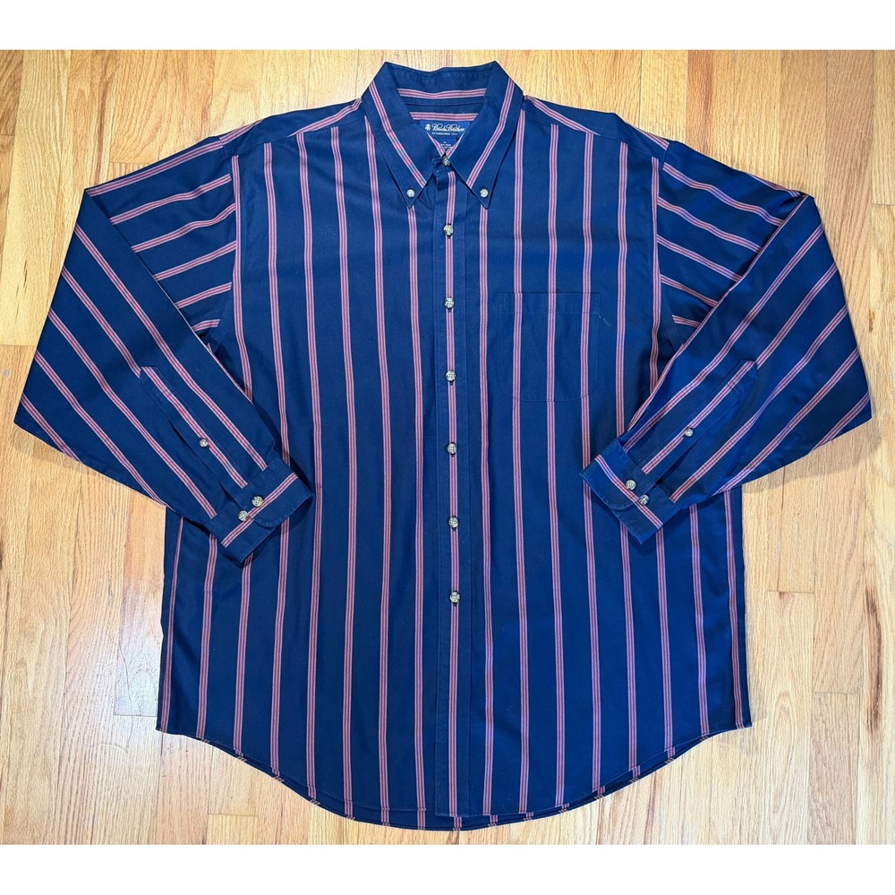 Brooks Brothers Mens XL Non-Iron Cotton Striped Button Down Shirt Navy Red Blue